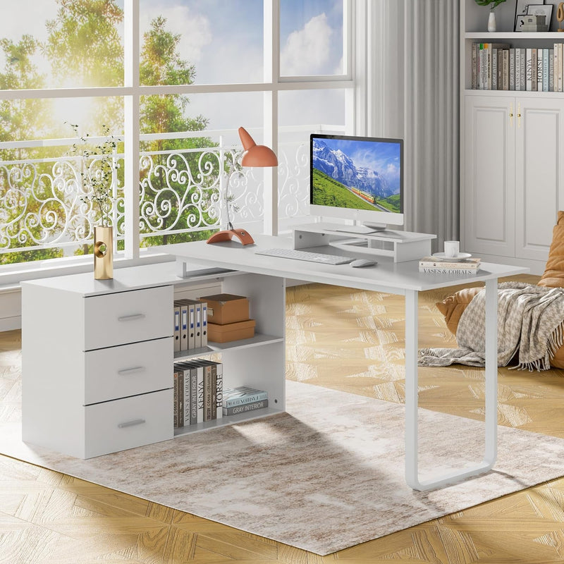 Anbuy L-Shaped Desk with Monitor Stand, Large Corner Computer Office Desk with Reversible 3 Drawers File Cabinet and Shelves, Modern Study Writing Table Workstation with Storage Cabinet