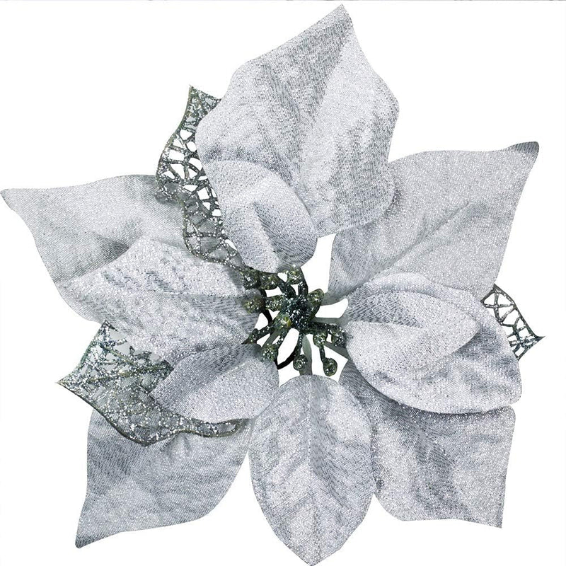 20 Set 8.7" Wide Christmas Silver Glitter Poinsettia Flowers Picks Christmas Tree Ornaments for White Silver Christmas Tree Wreaths Garland Holiday Seasonal Wedding Decor White Gift Box Included