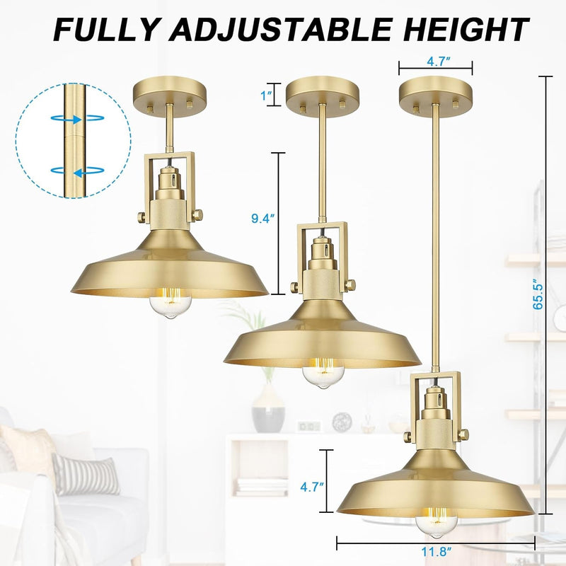 Darkaway 11.8Inch Industrial Pendant Light Fixtures Ceiling Hanging with Dome Metal Shade, Brass Gold Pendant Light for Kitchen Island Lighting Hanging Lamp Adjustable Height (2 Pack, Medium)