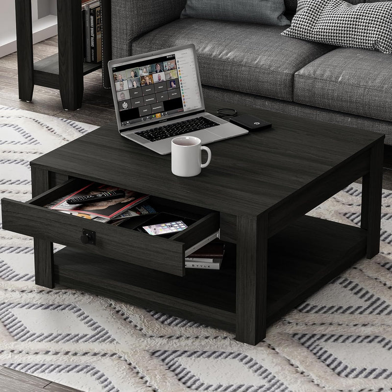 Galano Japtur Coffee Table, Modern Top Rectangular Coffee Table with Storage Drawer, 2 Tier Center Table for Living Room, Office, Balcony, 31.5" D X 31.5" W X 16.34" H, Knotty Oak