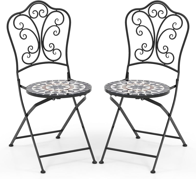 Giantex Set of 2 Patio Folding Chairs, Mosaic Bistro Chairs W/Backrest & round Seat, Heavy-Duty Metal Frame, 330Lbs Capacity, Outdoor Chairs for Porch Balcony Lawn