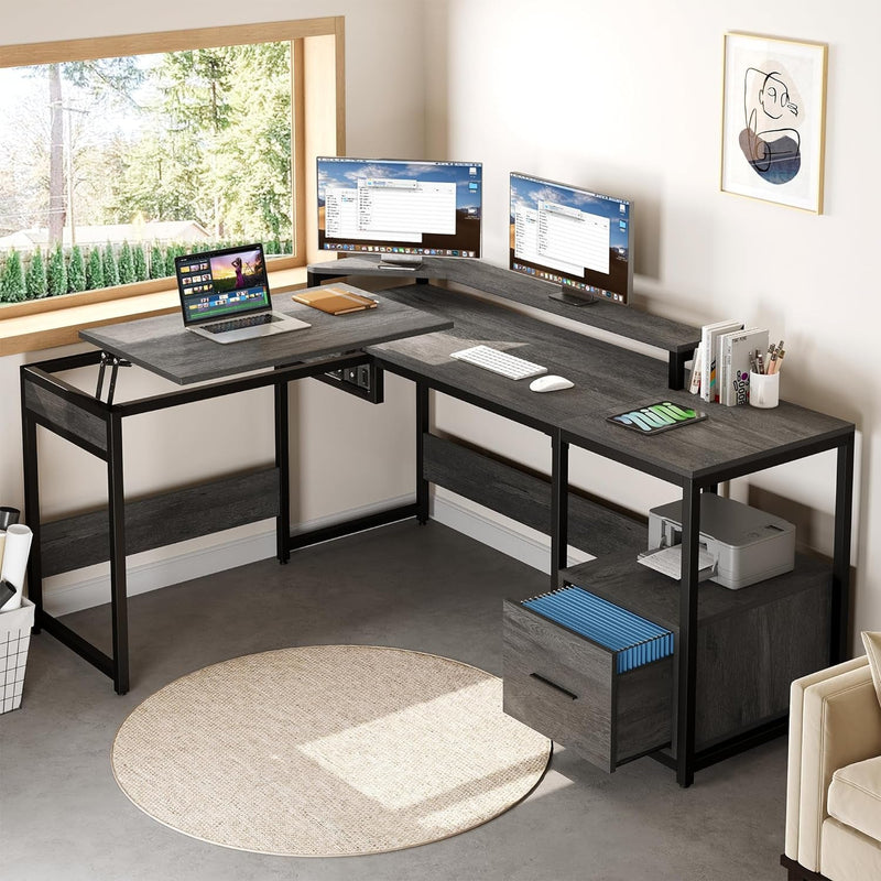 DWVO L Shaped Desk with Lift Top, 65" Adjustable Standing Desk with File Drawer, Corner Computer Desk with Storage Shelves,Home Office Desk, Grey