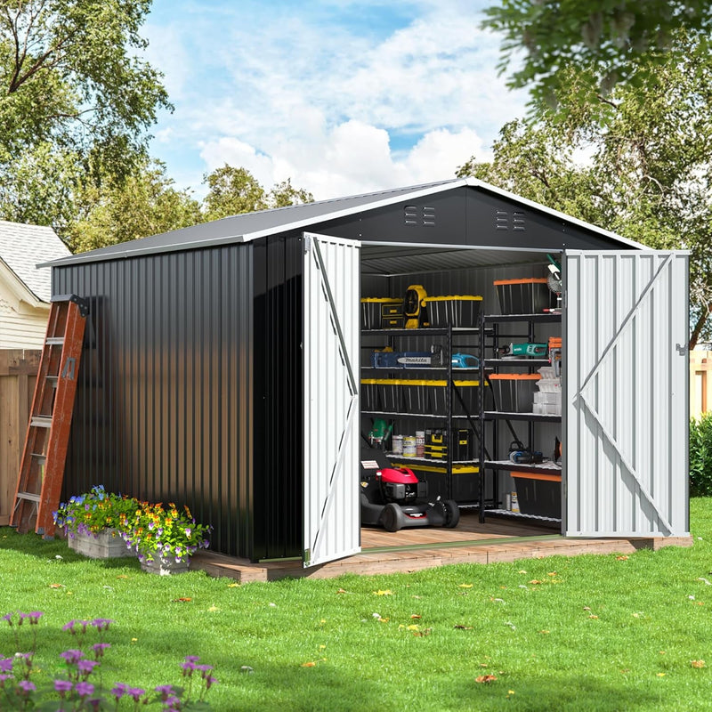 10X10 FT Outdoor Storage Shed, Garden Shed with Updated Frame Structure and Lockable Doors, Metal Tool Sheds for Backyard Garden Patio Lawn, Grey