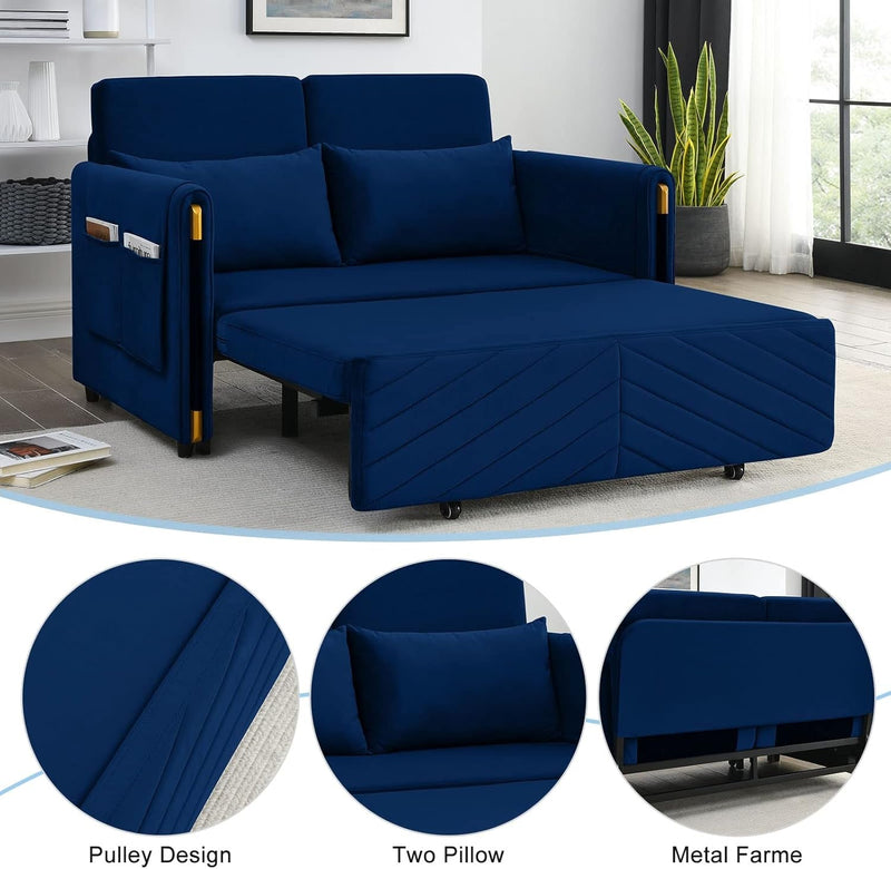 CALABASH Sofa Bed,Pull Out Couch Bed Sleeper Sofa,54" Modern Convertible Velvet Loveseat with 2 Pillows and Side Pockets, Small Love Seat Sofa Bed W/Headboard for Living Room, Apartment