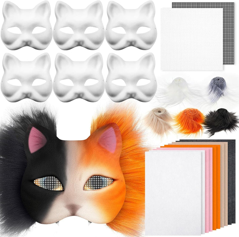 DIY Therian Mask Kit Blank Cat Mask with Felt Fabric Sheet Plush Faux Fur Eye Mesh for Therian Gear Therian Stuff