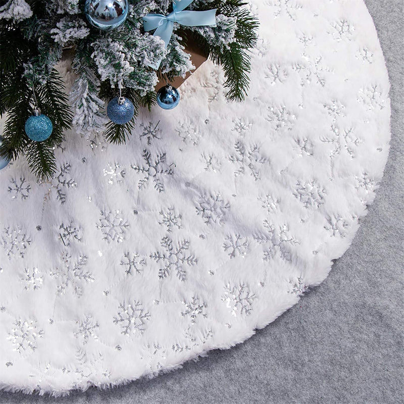 Cedilis 48 Inch Large Christmas Tree Skirt Soft Luxury Faux Fur Christmas Tree Ornaments White Sparkling Snowflake Tree Skirt Christmas Decorations, Silver