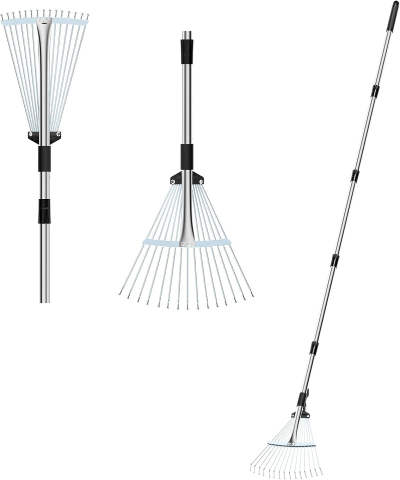 Garden Leaf Rake, Strong Metal Rake for Leaves, Adjustable Length 37"-68", Adjustable Expandable Head 7"-15", Stainless Steel Ideal Lawn Rake for Lawn, Garden, Yard, Flowers Beds, Bush