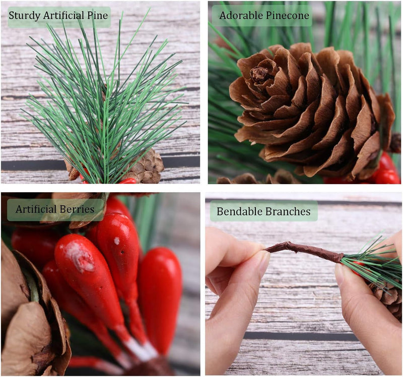 20Pcs Artificial Pine Picks Christmas Pine Picks Small Fake Berries Pinecones Branches Artificial Pine Tree for Christmas Flower Arrangements Wreaths and Holiday Decor