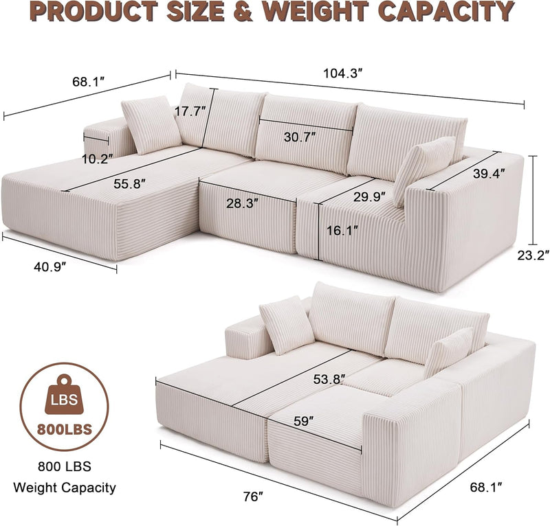 104” Modular Sectional Sofa, Sponge Sectional Sofa Couch for Living Room, Modular L-Shape Sofa Couch with Chaise, Beige …