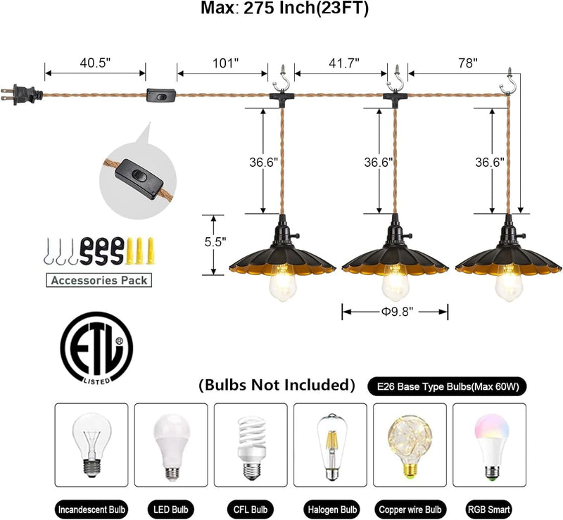 3-Light Plug in Pendant Light Fixtures Chandelier with Switch 22FT Industrial Ceiling Hanging Lamp Cord Farmhouse Cable DIY Including DIY Lotus Lampshade
