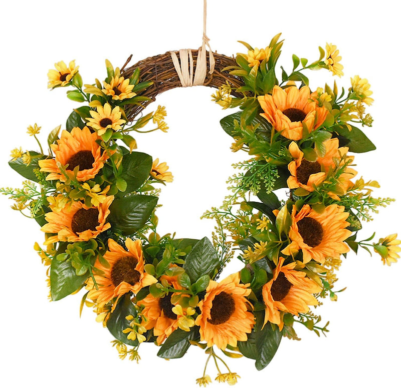 Dolicer Artificial Sunflower Wreath Silk Sunflower Wreath Flower Wreath with Yellow Sunflower and Green Leaves Sunflowers Flowers Greenery Wreath for Wedding Party Indoor Outdoor Home Decor, 13.8"