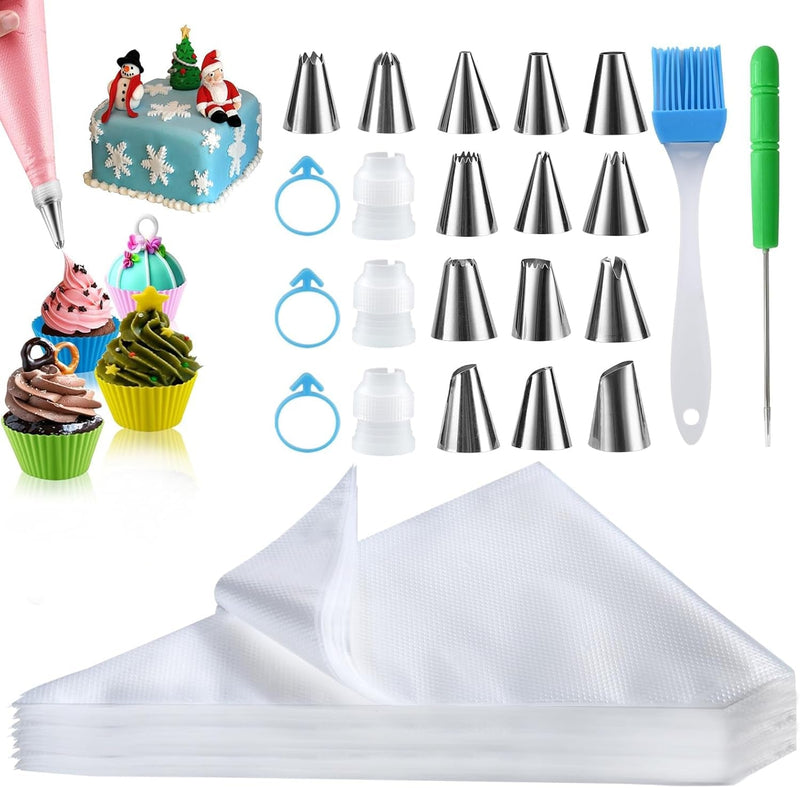 Firstake Piping Bags and Tips Set - 100Pcs Disposable Piping Bags, 12 Inch Icing Bags, Thickened Pastry Bags, anti Burst Frosting Bags, Non-Slip Cake Decorating Bags for Baking Cupcake and Cookies