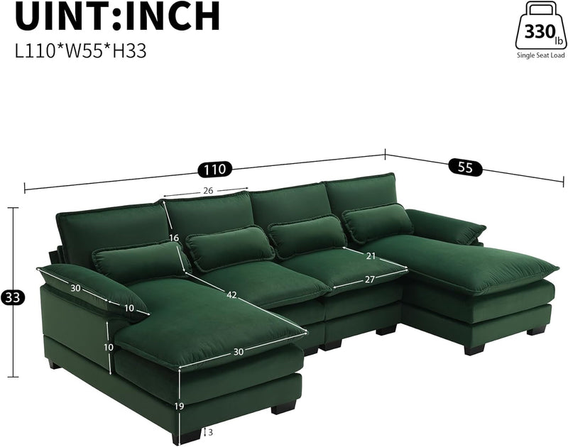 110" U-Shaped Symmetrical Sectional Sofa Couch with 4 Lumbar, Modern Deep Seat Cushions Sleeper Sofa&Couch W/Double Chaise and Pillow-Top Armrest for Home Office Apartment Living Room, Green