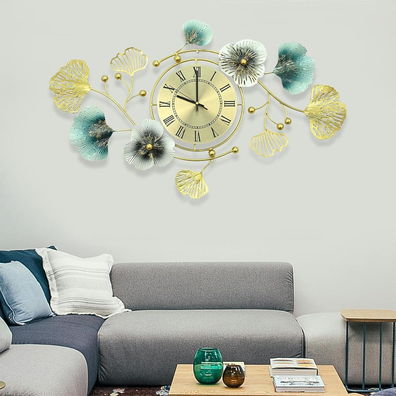 33 Inch Clocks for Living Room, Large Wall Clock, 3D Decorations Metal Ginkgo Leaf Design Silent Movement Wall Clocks for Home Wall Decor Clock