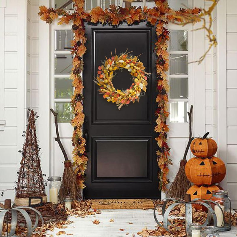 24 Inch Fall Wreath Berries Front Door Wreath Artificial Grain Wreath Harvest Wheat Ears Garland Autumn Wreath for Home Wall Fall Festival Decor (23In Fall Wheat Ears Wreath)