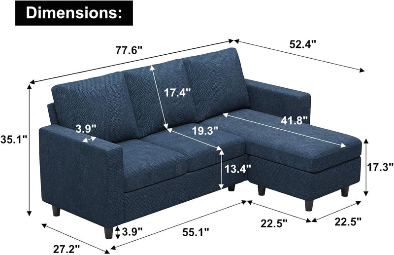 Belffin Convertible Sectional Sofa, L Shaped Modern Couch, Small Couch with Reversible Chaise for Living Room and Small Space, Navy Blue