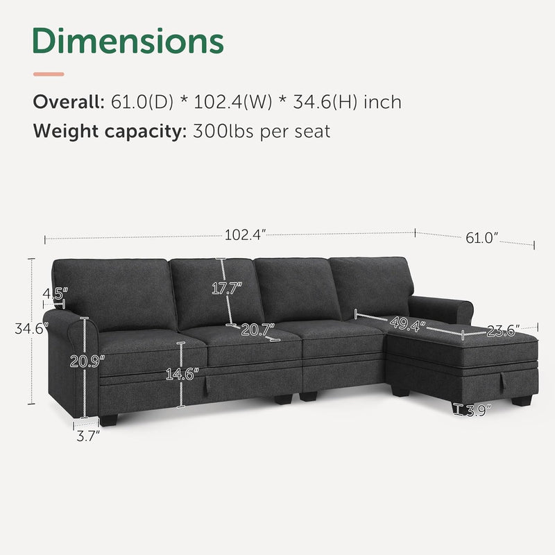 HONBAY Sectional Couch with Storage Seat L Shaped Sectional Couch with Reversible Chaise Small Sectional Couches for Living Room,Dark Grey