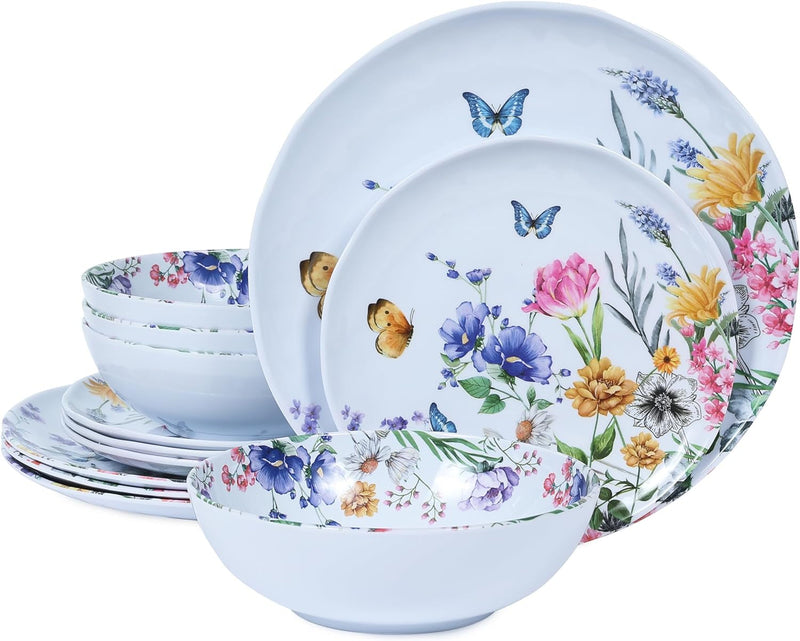 12 Piece Melamine Dinnerware Sets - Plates and Bowls Sets Floral Dinnerware Sets- Spring Camping Dishs Indoor Outdoor Use,Flowers and Butterflies Pattern