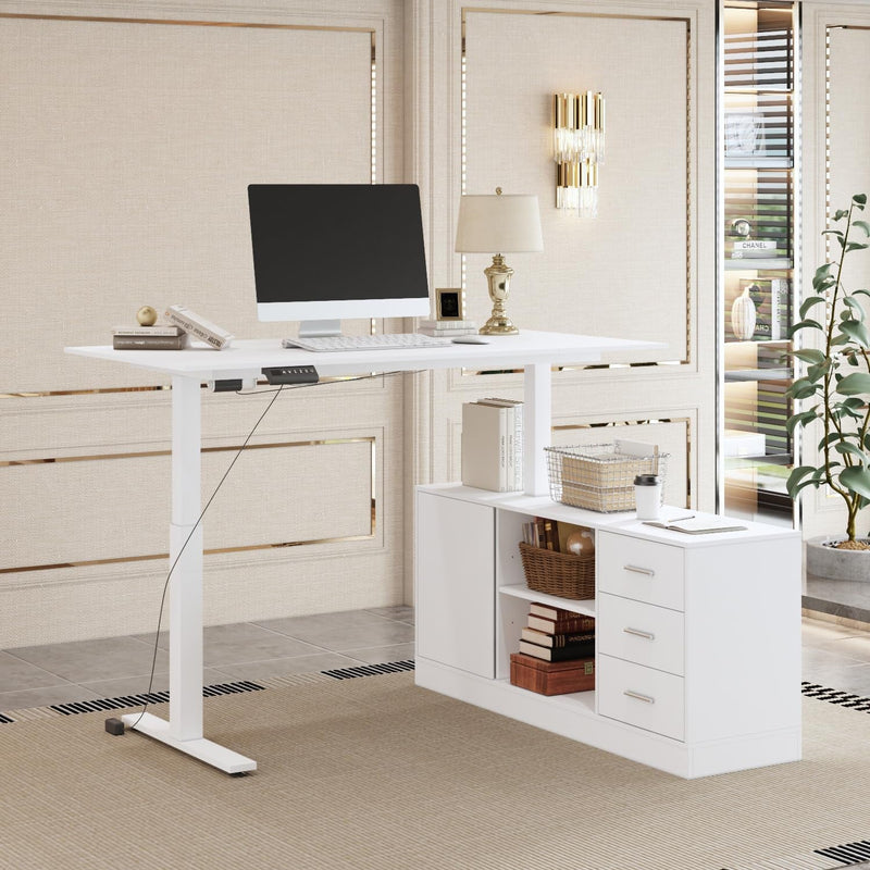 FAMAPY Electric Height Adjustable Standing Desk with Drawers and Shelves, 63 X 31.5 Inches Electric Standing Desk, 29”-44” Height, Metal Frame Leg, Stand up Desk for Home Office White