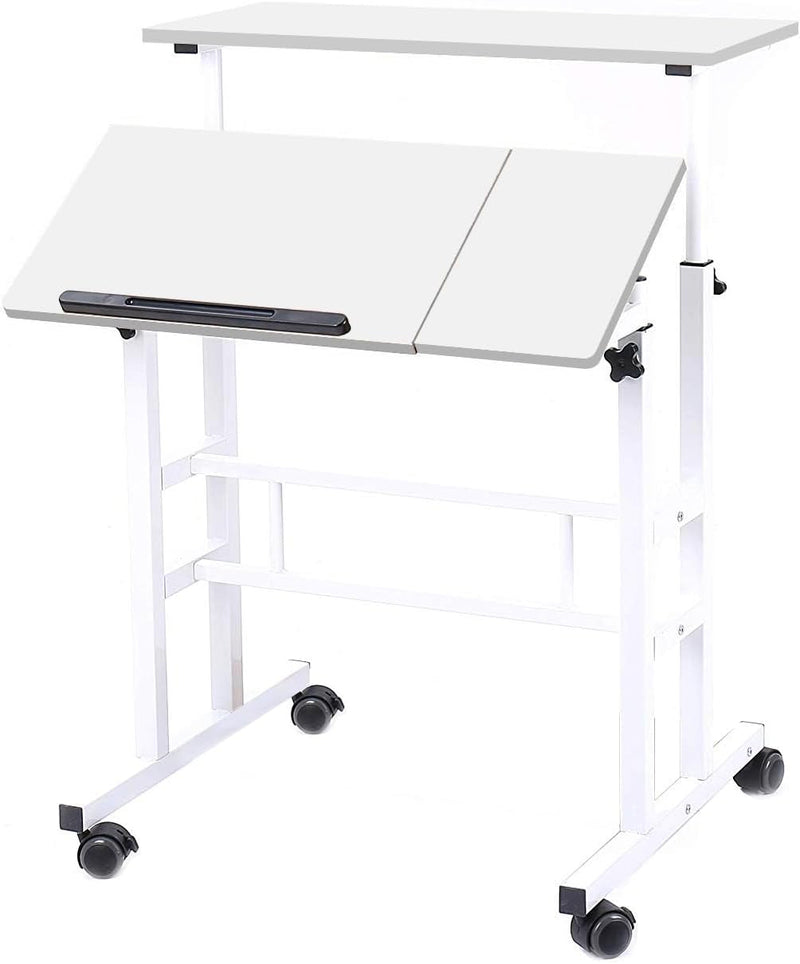 Dlandhome Adjustable Rolling Desk Standing Desk, Sit-Stand Desk Cart Mobile Computer Desk Stand up Desk Office Desk Riser Standing Table Workstation Mobile Desk, White