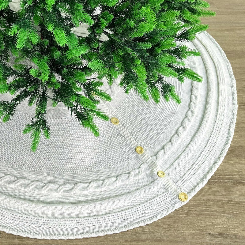 60-Inch Deluxe Cable Knit Christmas Tree Skirt with Oak Buttons, Cream White