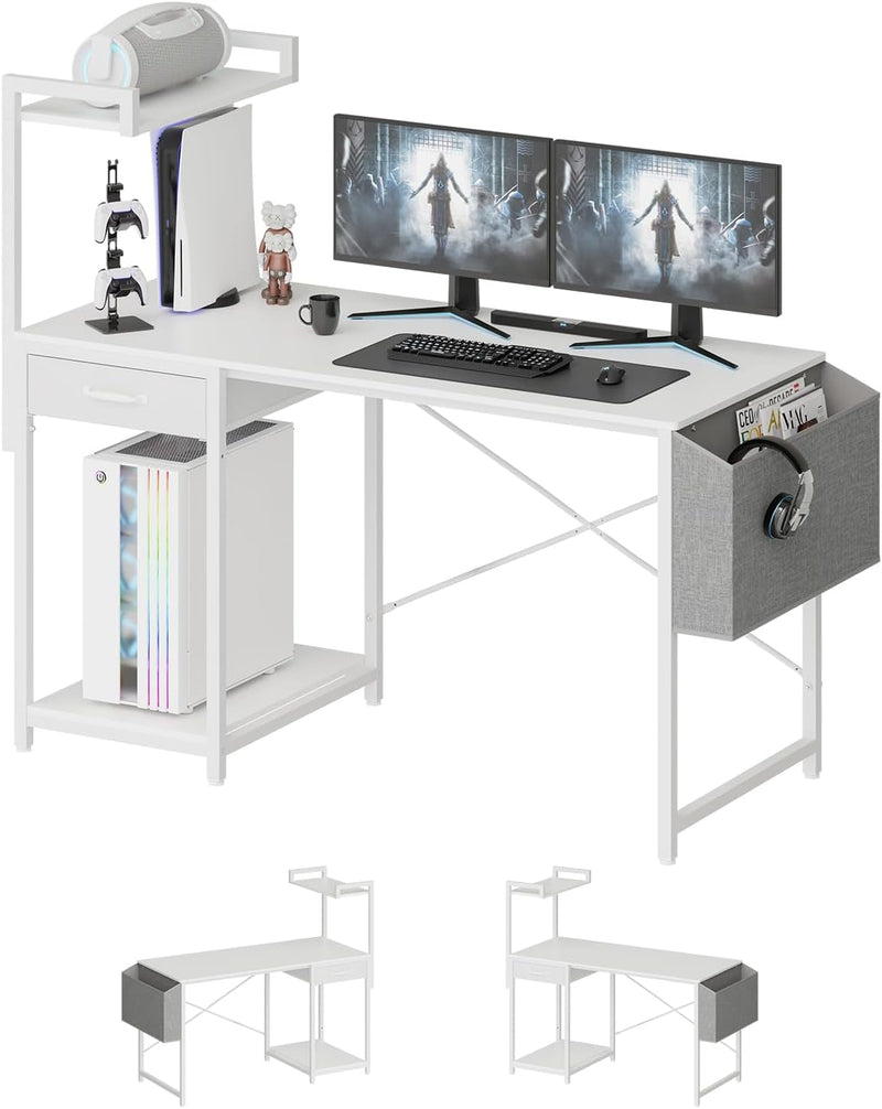 Computer Desk with Drawer 47 Inch Home Office with Storage,Simple Modern Work PC Student Writing Gaming Study Desk Table with Side Bag & CPU Stand for Bedroom,Home,Room,White