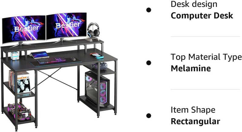 Bestier Gaming Desk with Monitor Shelf, 55 Inches Home Office Desk with Open Storage Shelves, Writing Gaming Study Table Workstation for Small Space, Carbon Fiber