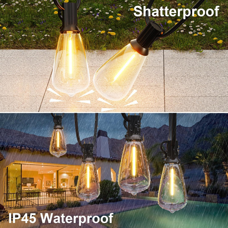 100FT LED Outdoor String Lights for outside Remote 52 Edison Vintage Bulbs ST38 Dimmable Patio Lights Waterproof Shatterproof Timer for Garden Deck Backyard Yard House Hanging Lighting 2500K