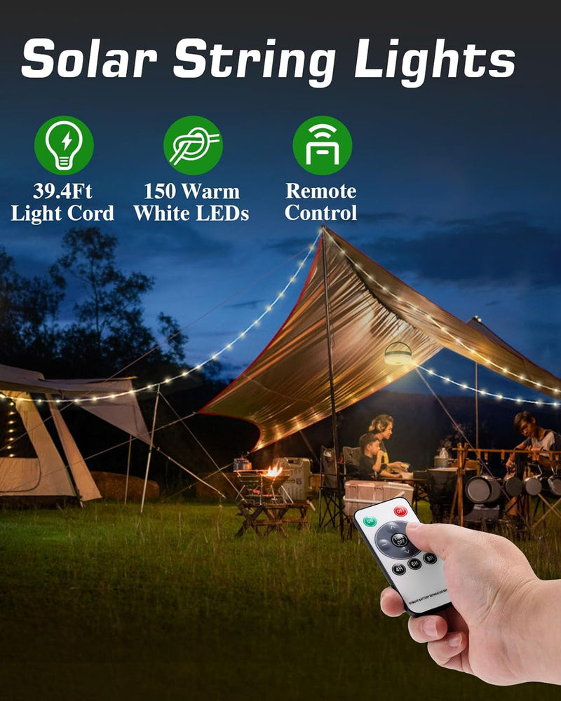 Anpro 2 in 1 Solar Camping String Lights, 39.4Ft Ultra Long String with 150Leds, Solar Powered and USB Rechargeable Light with Remote Control,Portable Camping Light for Hiking, Decorations