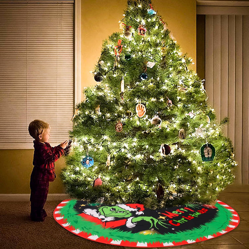 Christmas Tree Skirt 48 Inches, Red Velvet Faux Fur Trimmed Tree Collar with Snowflakes and Christmas Monsters Design for Holiday Party Decor