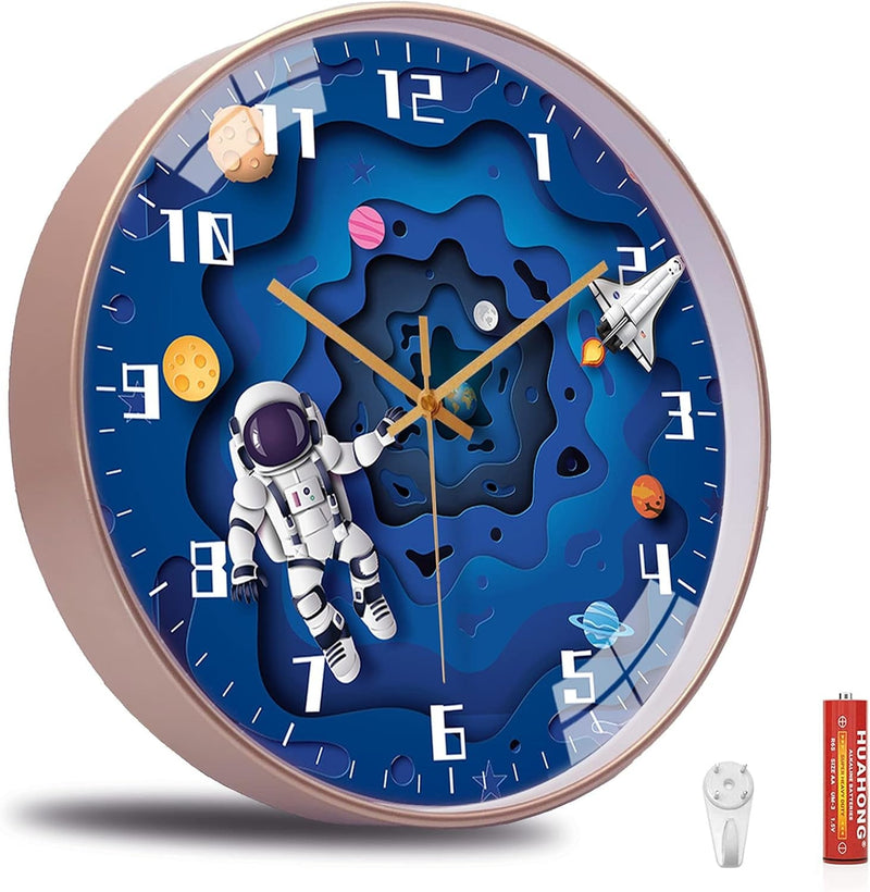 12 Inch Silent Movement Kids Wall Clock, Non Ticking Children round Wall Clock Battery Operated Space Travel Style Decor Children Clock for School Boys Bedroom Living Room Space Decor (Blue)