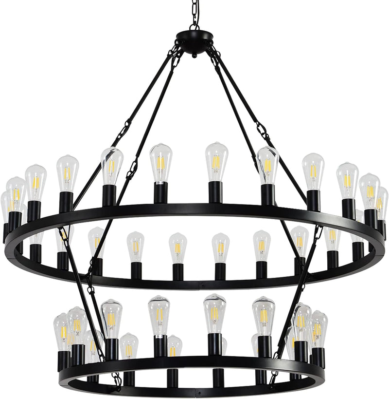 48 Inch Black Extra Large Wagon Wheel Chandelier, 2 Tier 40-Lights Farmhouse Industrial round High Ceiling Pendant Light Adjustable Chain, for Dining Room, Living Room