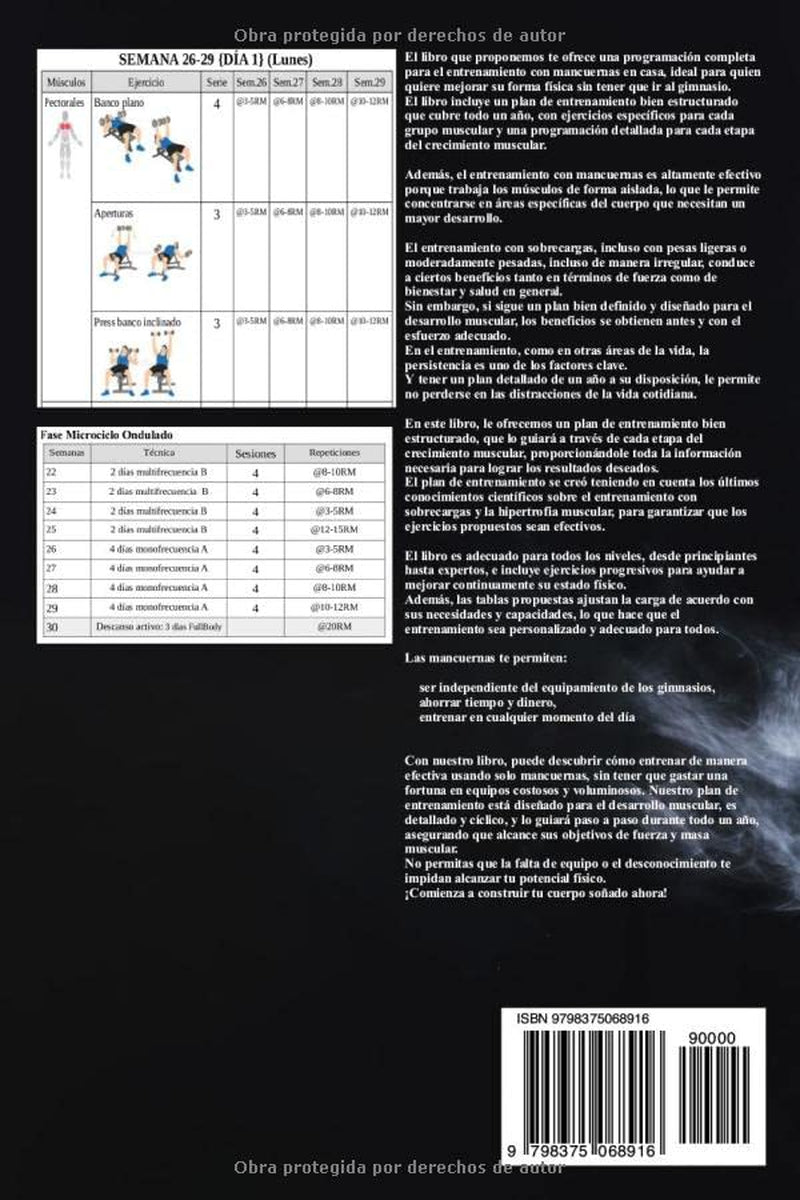 Culturismo. Entrenamiento En Casa Con Mancuernas: Un Año De Rutinas Para Bodybuilding Y Fitness (Spanish Edition)