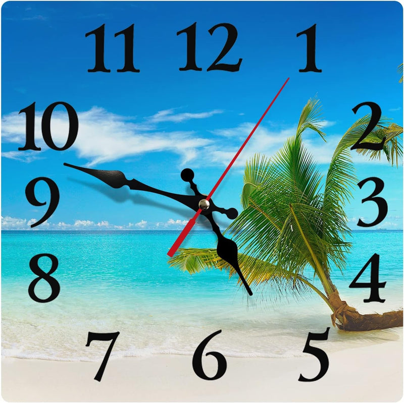 Britimes round Wall Clock Non-Ticking Silent Battery Operated Clock 10 Inch, Sea Beach Blue Sky Sand Home Decor for Living Room, Kitchen, Bedroom, and Office