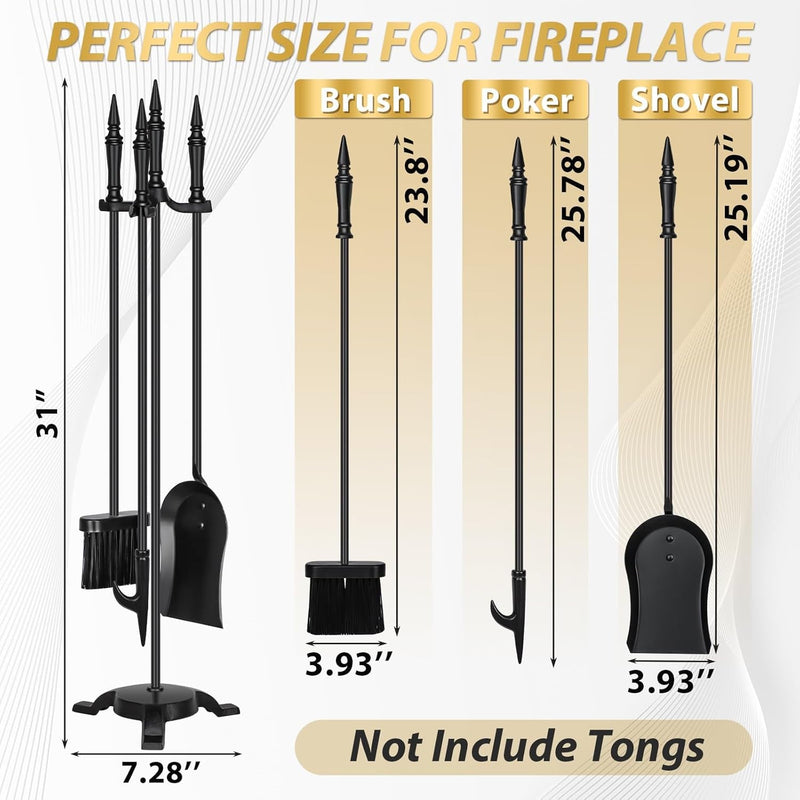 FEED GARDEN Fireplace Tools Set 4 Pieces, 31 Inch Modern Indoor Outdoor Wrought Iron Fire Place Set Tools, Black Fireplace Accessories Included Poker, Shovel, Brush, Base