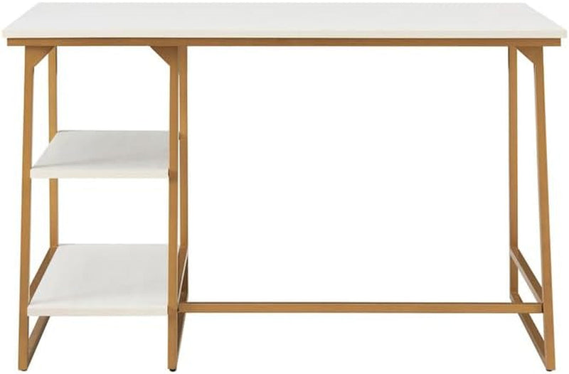 Eclectic Exclusivity Home Office Desk with Stepped Shelf, Wood/Iron Construction, 48" L X 24" W X 30" H, 17.5 Lb, White/Herringbone Gold -Office Desk for Small Space, Modern Computer Desk