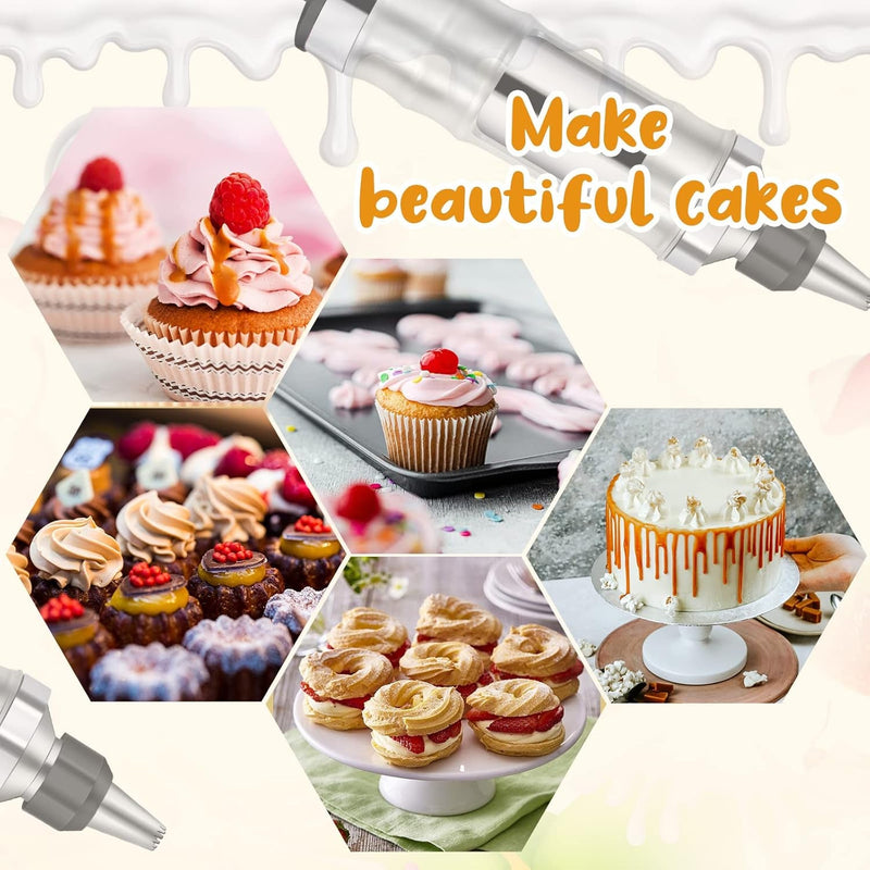 Dessert Decorating Syringe Set Frosting Piping Kit Stainless Steels Cake Decorating Tool 6 Russian Piping Icing Nozzles Cream Scraper Cupcake Frosting Filling Injector Cake Icing Tools