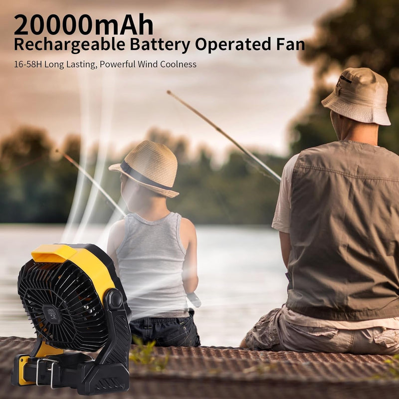 20000Mah Camping Fan with LED Lantern, USB Tpye C Rechargeable Battery Operated Outdoor Tent Fan with Light & Hook, 270° Pivot, 4 Speeds, Personal USB Desk Fan for Camping Yellow X26A