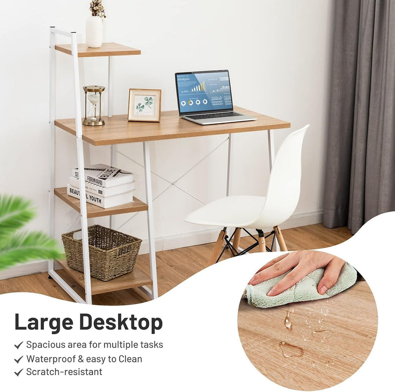 COSTWAY Computer Desk with 4-Tier Storage Shelves, Home Office Desk Writing Table with Sturdy X-Shape Frame, Adjustable Foot Pads, Modern Small Study Desk, Wide Tabletop (Natural and White)