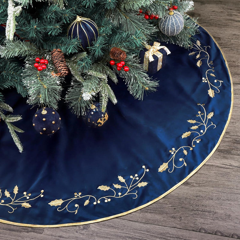 Christmas Tree Skirt, 48 Inches Large Velvet Fur Plush Blue Tree Skirt, Xmas Tree Skirts with Gold Embroidered Holly Leaf for Merry Christmas Party Christmas Tree Decorations