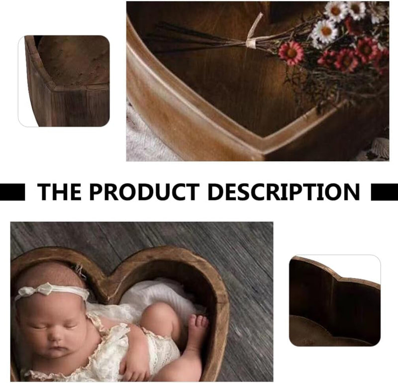 Abaodam 1Pc Heart Shaped Baby Wooden Photography Newborn Studio Posing Box Photo Shoot Prop（Deep Coffee ）