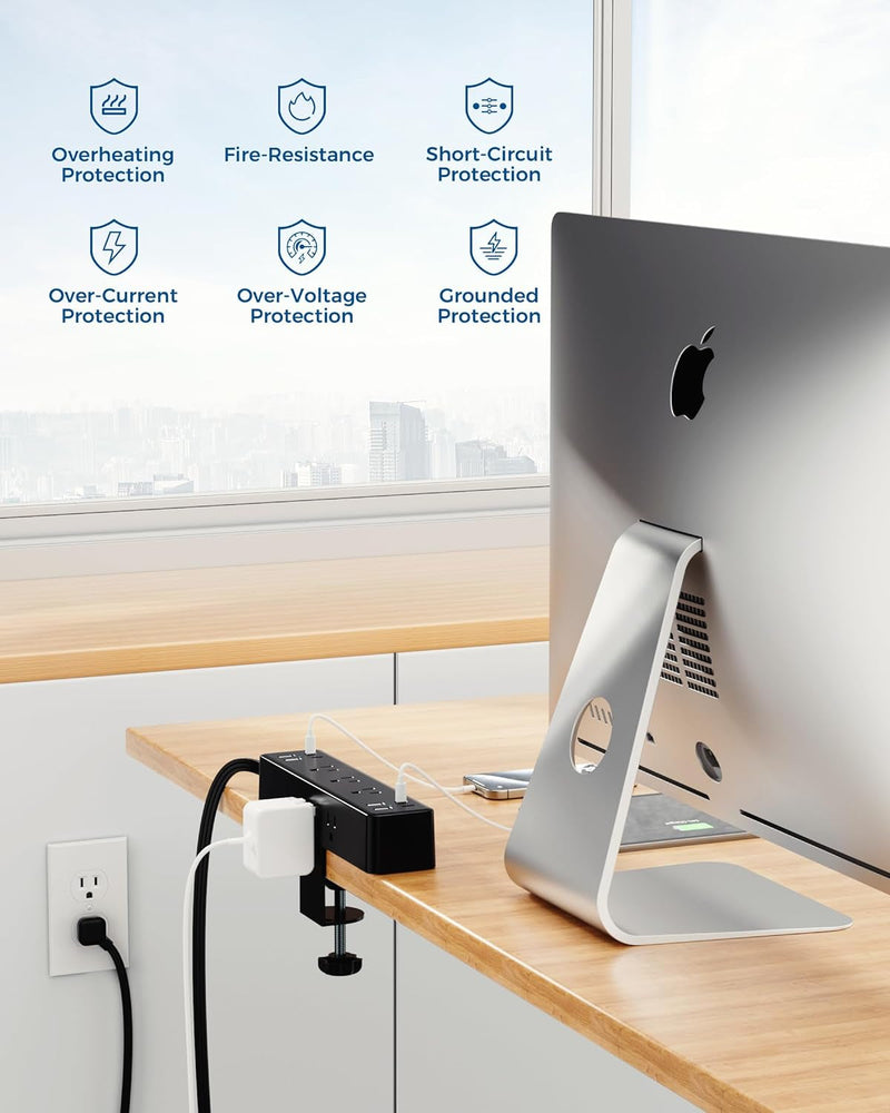 17-In-1 Desk Clamp Power Strip with 40W Fast Charging Station, ACOZVIN 10Ft Flat Plug 1200J Surge Protector, 9 AC Outlets 8 USB Ports(4 USB C), Desk Outlet for Home Office, Fit 1.7" Tabletop Edge