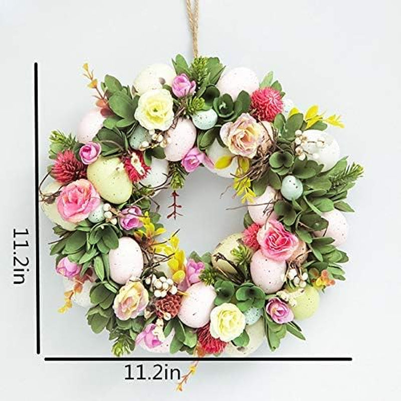 Dearsun 11.2" Spring Wreath Easter Wreath with Flowers, Eggs, Green Leaves and Twine, Hanging on Home Indoor Outdoor Front Door Wall Decorations(Wreath 2)