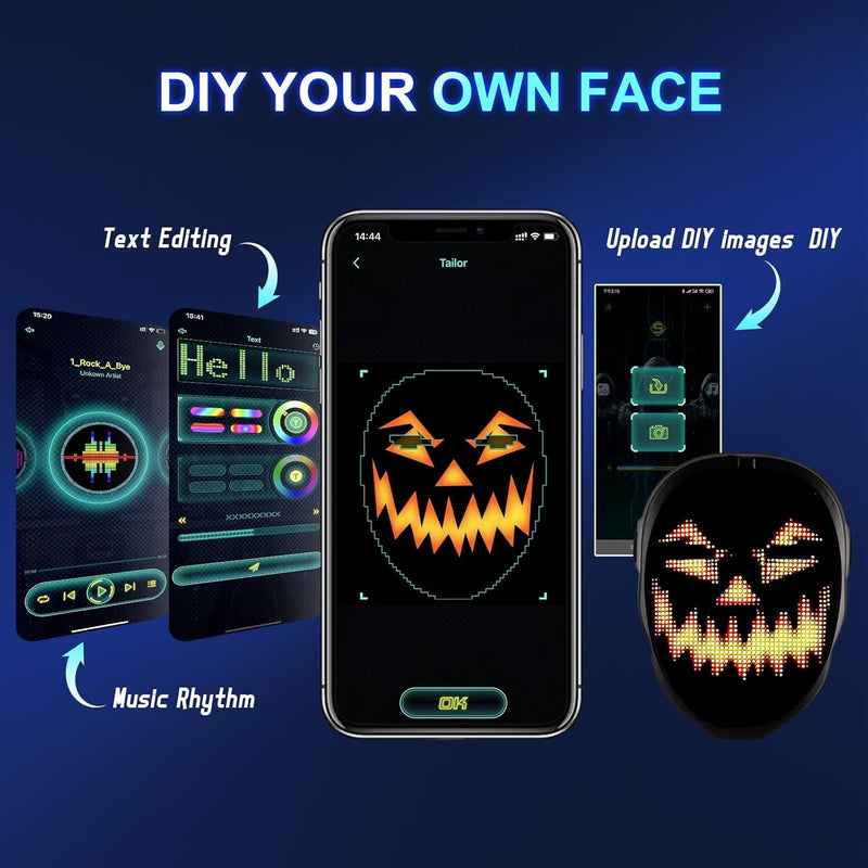 Face Transforming LED Mask with App Controlled - Programmable LED Halloween Mask Digital Luminous Mask for Costume Cosplay