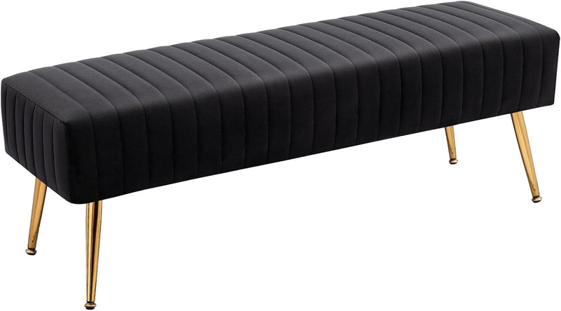 Furniliving 44 Inch Bedroom Bench, Upholstered Tufted Striped Fabric Ottoman Bench with X-Shaped Metal Legs for Living Room, Entryway Solid Wood Indoor Bench for Foyer (Black)