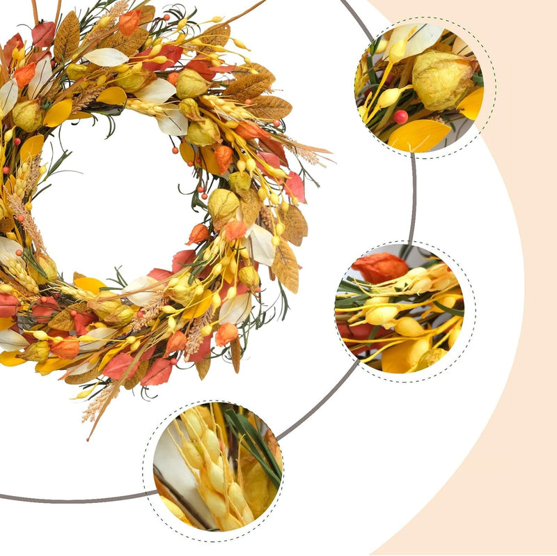 24 Inch Fall Wreath Berries Front Door Wreath Artificial Grain Wreath Harvest Wheat Ears Garland Autumn Wreath for Home Wall Fall Festival Decor (23In Fall Wheat Ears Wreath)