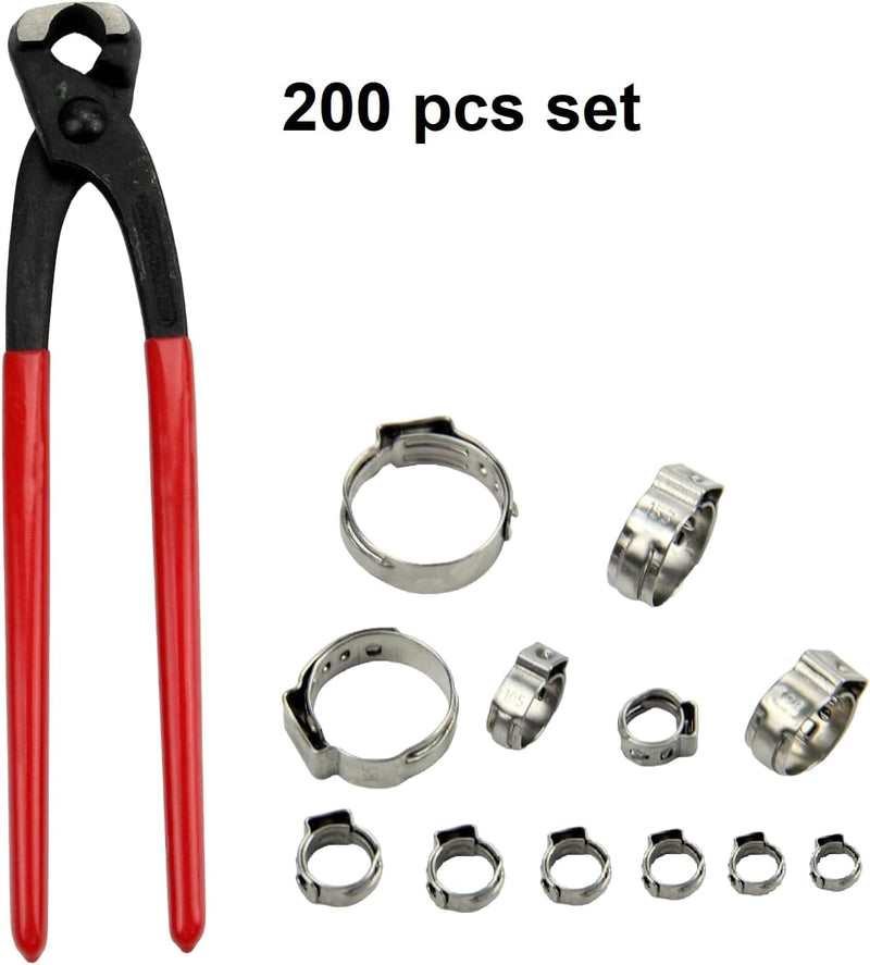200 Pcs 304 Stainless Steel Stepless Single Ear 5-33Mm Hose Clamps with Pincers Crimper Tool Kit | Securing Pipe Hoses Automotive | Cinch Rings Pinch Clamp, Crimp Clamp Assortment PEX Crimping