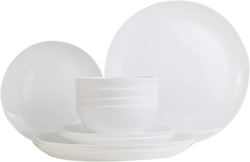 12 Piece White Opal Dinnerware Set, Opal Dinner Set, Kitchen Non-Toxic, Scratch & Chip Resistant, Microwave, Dishwasher Safe - 4Pc Dinner Plate, 4Pc Salad Plate, 4Pc Cereal Bowl