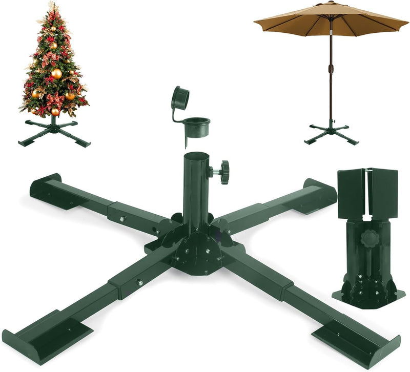 Christmas Tree Stand Metal, Artificial Christmas Tree Base Holder Folding, Beach Umbrella Stand Iron Heavy Duty Quadripod Base Stand Portable for Any Live Tree (Green)