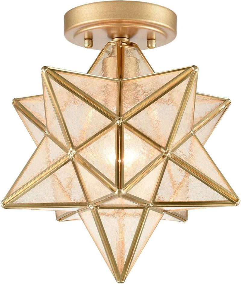 12-Inch Moravian Star Ceiling Light Brass Boho Moroccan Lamp with Seeded Glass Shade